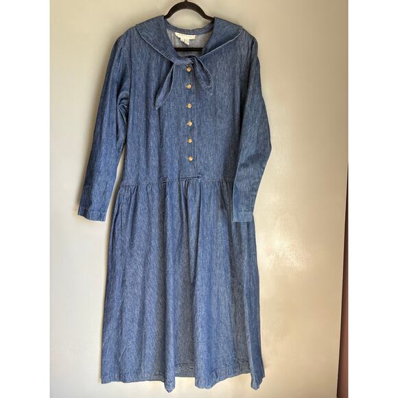 Vintage ALL WEEK LONG Women's 16 Prairie Denim Maxi Dress Cotton Cottagecore - Picture 1 of 10